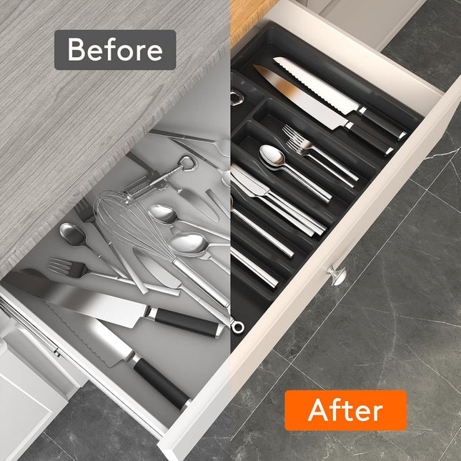 Extendable Cutlery Tray with 8 Compartments - 38 Cm Deep - Cutlery Cassette - Cutlery Drawer Organizer - Kitchen Cutlery Holder - BPA-Free - Organizer - Kitchen Drawer - Cutlery - 57 x 38 x 5 Cm Maximum Size - 33 x 38 x 5 Minimum Size - 6 to 8 Compartment.