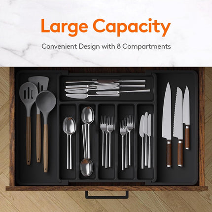 Extendable Cutlery Tray with 8 Compartments - 38 Cm Deep - Cutlery Cassette - Cutlery Drawer Organizer - Kitchen Cutlery Holder - BPA-Free - Organizer - Kitchen Drawer - Cutlery - 57 x 38 x 5 Cm Maximum Size - 33 x 38 x 5 Minimum Size - 6 to 8 Compartment.