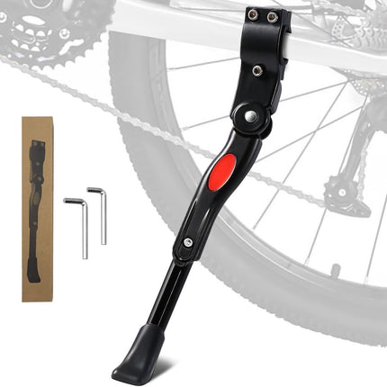 Single Adjustable Bicycle Kickstand - Suitable for 22'' to 17'' - Single Bicycle Stand - Side Stand - Aluminum Stainless Steel - Sturdy Wide Base - Easy to Install - Universal - Black - Bicycle, E-Bike, City Bike & Mountain Bike - With Hex Wrench.