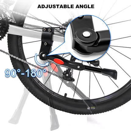 Single Adjustable Bicycle Kickstand - Suitable for 22'' to 17'' - Single Bicycle Stand - Side Stand - Aluminum Stainless Steel - Sturdy Wide Base - Easy to Install - Universal - Black - Bicycle, E-Bike, City Bike & Mountain Bike - With Hex Wrench.