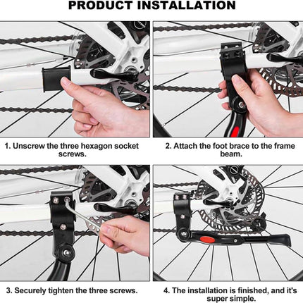 Single Adjustable Bicycle Kickstand - Suitable for 22'' to 17'' - Single Bicycle Stand - Side Stand - Aluminum Stainless Steel - Sturdy Wide Base - Easy to Install - Universal - Black - Bicycle, E-Bike, City Bike & Mountain Bike - With Hex Wrench.