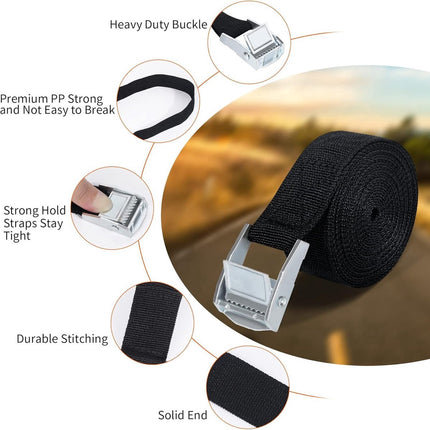 8 High Quality Tie-Down Straps - 20mm X 1m - Lashing Straps / Bicycle Tie-Down Straps with Clamp Buckle - Tie-Down Straps with Metal Buckle - Durable - Sturdy - Portable - Tear-Resistant - Black - Tie-Down Straps - Fastening Straps.