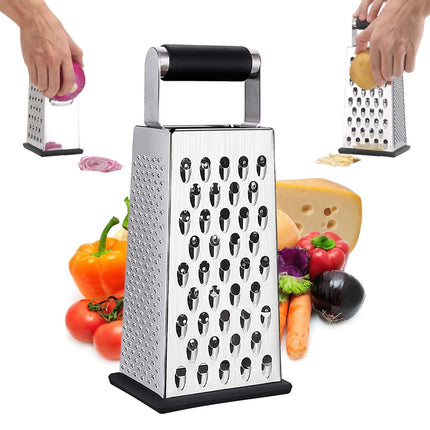 Box Grater - Graters - Stainless Steel - 4-Sided - Table Grater - Tower Grater - Kitchen Grater with Handle - Cheese Grater - Hand Graters - Cooking - Kitchen Utensils - Dishwasher Safe - Silver.