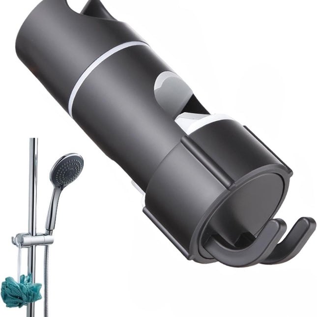 Slide Piece for Shower Rod - ø 18-25 mm - Hand Shower Bracket - With 2 Hooks - Chrome - Adjustable - ABS - Hand Shower - Shower Head - Shower Head Holder - Hand Shower Holder - Shower - Bathroom - Black - Universal - For Shower Rod - Easy Installation.