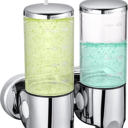 Wall-Mounted Soap Dispenser - 2 Reservoirs - 2x500ml - Stainless Steel - Shampoo Dispenser - Large Capacity - Refillable - Portable - Durable - Hanging Soap Dispenser - Soap Pump - Soap Pump - With Screws - Easy to Install - For Bathroom, Hotel, Kitchen.