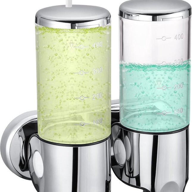 Wall-Mounted Soap Dispenser - 2 Reservoirs - 2x500ml - Stainless Steel - Shampoo Dispenser - Large Capacity - Refillable - Portable - Durable - Hanging Soap Dispenser - Soap Pump - Soap Pump - With Screws - Easy to Install - For Bathroom, Hotel, Kitchen.