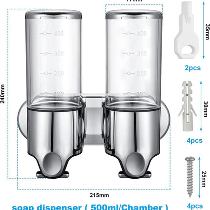 Wall-Mounted Soap Dispenser - 2 Reservoirs - 2x500ml - Stainless Steel - Shampoo Dispenser - Large Capacity - Refillable - Portable - Durable - Hanging Soap Dispenser - Soap Pump - Soap Pump - With Screws - Easy to Install - For Bathroom, Hotel, Kitchen.