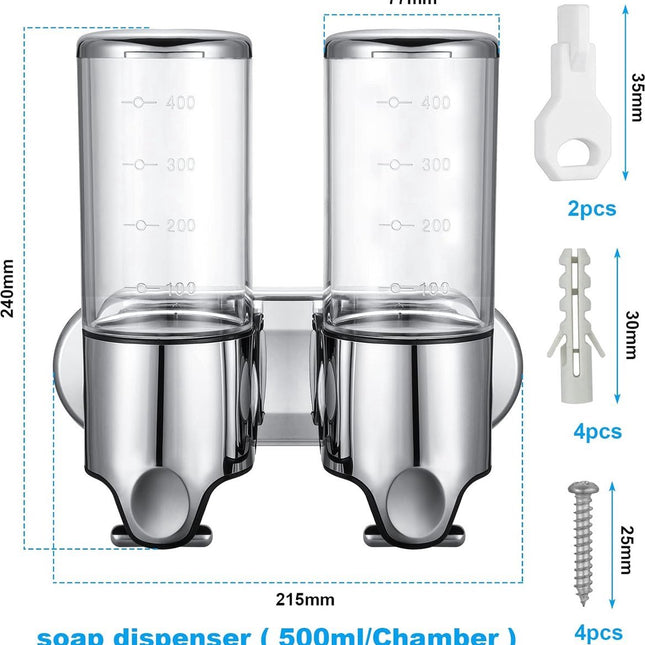 Wall-Mounted Soap Dispenser - 2 Reservoirs - 2x500ml - Stainless Steel - Shampoo Dispenser - Large Capacity - Refillable - Portable - Durable - Hanging Soap Dispenser - Soap Pump - Soap Pump - With Screws - Easy to Install - For Bathroom, Hotel, Kitchen.