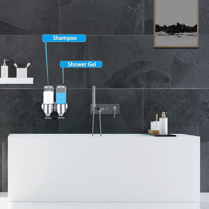 Wall-Mounted Soap Dispenser - 2 Reservoirs - 2x500ml - Stainless Steel - Shampoo Dispenser - Large Capacity - Refillable - Portable - Durable - Hanging Soap Dispenser - Soap Pump - Soap Pump - With Screws - Easy to Install - For Bathroom, Hotel, Kitchen.
