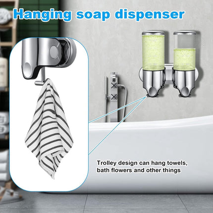 Wall-Mounted Soap Dispenser - 2 Reservoirs - 2x500ml - Stainless Steel - Shampoo Dispenser - Large Capacity - Refillable - Portable - Durable - Hanging Soap Dispenser - Soap Pump - Soap Pump - With Screws - Easy to Install - For Bathroom, Hotel, Kitchen.