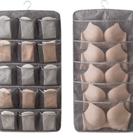Bra Organizer - Double-Sided 12+18 Storage Pockets - Bra Divider for Closet - Hanging Underwear Divider - Beige - Hanging Storage Bag for Clothing - Clothing Organizer - Washable - Underwear / Socks / Shirts / Bra - Space Saving - 1 Piece.