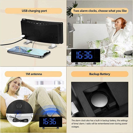 Alarm clock - radio - clock - Projection alarm clock - Digital alarm clock - Projection clock - Alarm clock radio - Clock radio - digital clock - projection clock - 360 degrees - LED - Adjustable brightness - Loud enough - for bedroom / living room / offi.