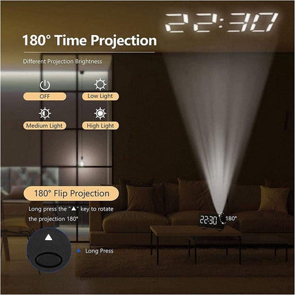 Alarm clock - radio - clock - Projection alarm clock - Digital alarm clock - Projection clock - Alarm clock radio - Clock radio - digital clock - projection clock - 360 degrees - LED - Adjustable brightness - Loud enough - for bedroom / living room / offi.