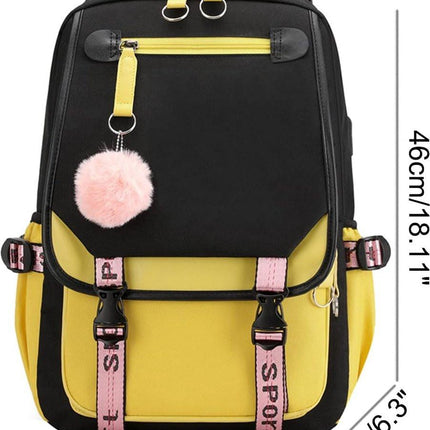 Girls School Student School Bag Outdoor Backpack With USB Charging Port, Black Yellow - School Bag - Backpack - Rucksack - School - Girls - Boys - Teenagers - Book Bag - Girl's Backpack - Backpacks - Rucksack For Children - Waterproof - Laptop Backpack.
