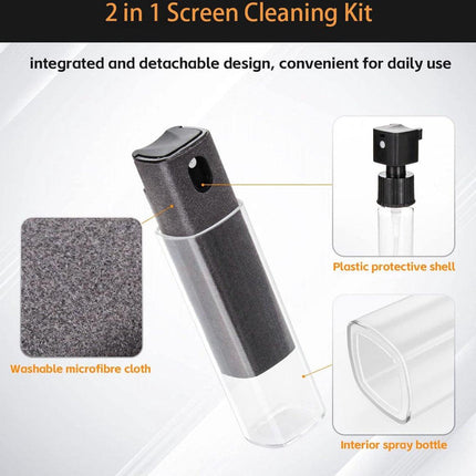 Screen Cleaner - Refillable - 2 In 1 Screen Cleaner - Monitor Cleaner - Screen Spray - Cleaning Spray - Cleaning Spray - Microfiber Cloth - Cleaner for Smartphone, Tablet, and Laptop Screens - Travel Kit - Cleaning Kit - Gray.
