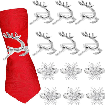 Napkin Rings for Christmas - 12 Pieces - Moose & Snowflakes - Silver Napkin Ring - Napkin Rings Table Decoration - Napkin Rings for Christmas, Thanksgiving, Wedding.
