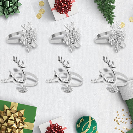 Napkin Rings for Christmas - 12 Pieces - Moose & Snowflakes - Silver Napkin Ring - Napkin Rings Table Decoration - Napkin Rings for Christmas, Thanksgiving, Wedding.