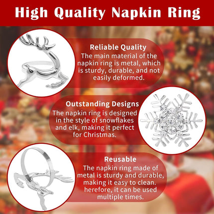 Napkin Rings for Christmas - 12 Pieces - Moose & Snowflakes - Silver Napkin Ring - Napkin Rings Table Decoration - Napkin Rings for Christmas, Thanksgiving, Wedding.