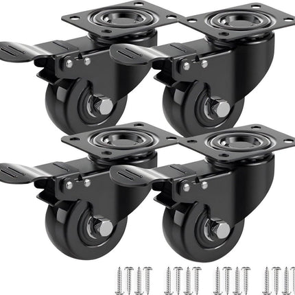 Heavy-Duty Swivel Casters with Brakes - Set of 4 - 50 mm up to 200 kg - With Screws - Swivel Casters - Rubber Trolley Wheels - Cart Wheels - Transport Cart - Casters for Furniture - Flexible - Durable - Black.