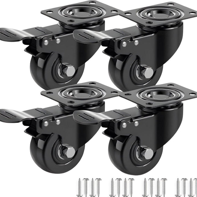 Heavy-Duty Swivel Casters with Brakes - Set of 4 - 50 mm up to 200 kg - With Screws - Swivel Casters - Rubber Trolley Wheels - Cart Wheels - Transport Cart - Casters for Furniture - Flexible - Durable - Black.