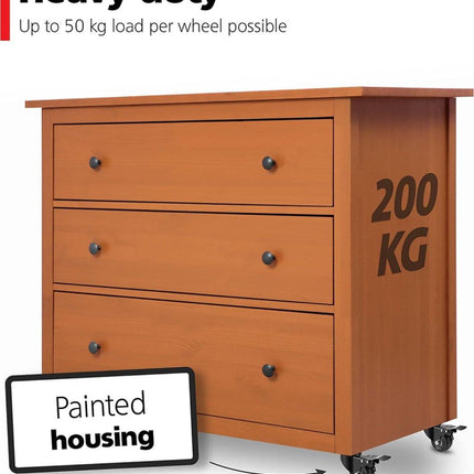 Heavy-Duty Swivel Casters with Brakes - Set of 4 - 50 mm up to 200 kg - With Screws - Swivel Casters - Rubber Trolley Wheels - Cart Wheels - Transport Cart - Casters for Furniture - Flexible - Durable - Black.