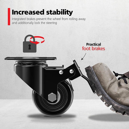 Heavy-Duty Swivel Casters with Brakes - Set of 4 - 50 mm up to 200 kg - With Screws - Swivel Casters - Rubber Trolley Wheels - Cart Wheels - Transport Cart - Casters for Furniture - Flexible - Durable - Black.