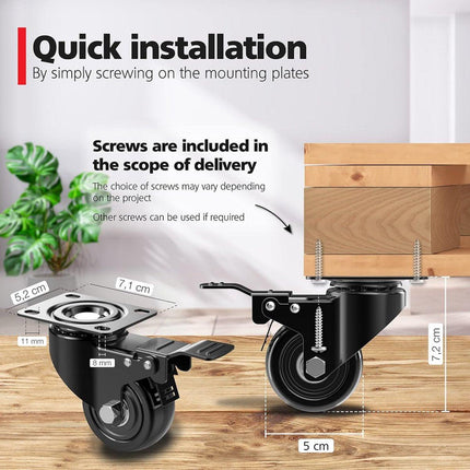 Heavy-Duty Swivel Casters with Brakes - Set of 4 - 50 mm up to 200 kg - With Screws - Swivel Casters - Rubber Trolley Wheels - Cart Wheels - Transport Cart - Casters for Furniture - Flexible - Durable - Black.