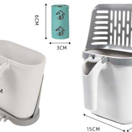 Cat Litter Scoop with Collection Tray - Cleaning Cat Litter - Ergonomic - With 8 Rolls of Waste Bags - Holder and Disposal System for Cat Litter in 1 - Litter Scoop with Container - Dirt-Free Cat Litter Scoop - Grey.