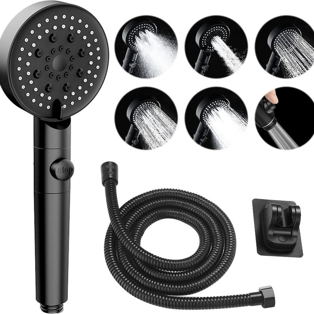 Shower Head - Shower Set - 6 Spray Modes - Water Saving - High Pressure - With 1.5m Explosion-Proof Hose and Self-Adhesive Holder - Rain Shower - Wellness - Hand Shower - Black - Bathroom Accessories - For Better Skin and Hair - High Quality - Durable.