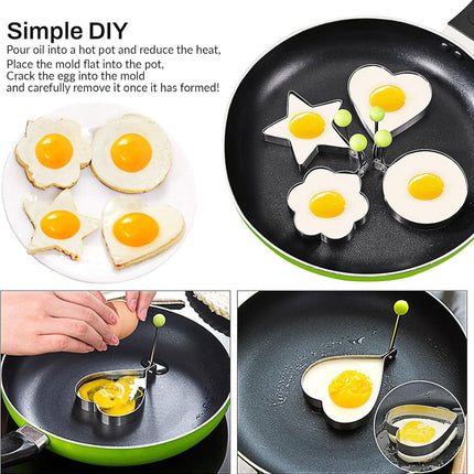 Egg ring - 4-piece - Heart-shaped egg ring - Practical egg rings - Cooking ring - Pancake maker - heart star flower and round egg cooker ring - Baking accessory - kitchen tool - for frying eggs - Stainless steel.