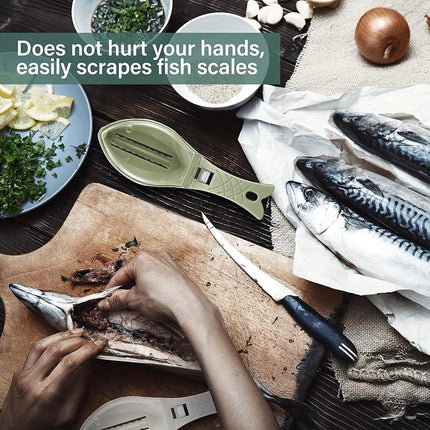 Fish Scraper - Professional Scale Remover - Fast and Efficient - Portable Scale Removal - Universal Fish Descaler - Fish Descaler - Fish Scraper - with Handy Collection Tray - for Kitchen / Restaurant - Green - Piece.