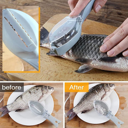 Fish Scraper - Professional Scale Remover - Fast and Efficient - Portable Scale Removal - Universal Fish Descaler - Fish Descaler - Fish Scraper - with Handy Collection Tray - for Kitchen / Restaurant - Green - Piece.