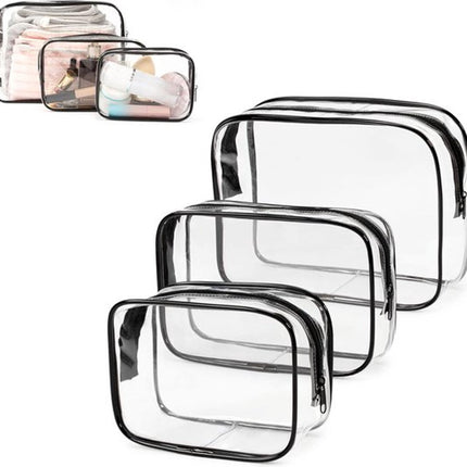 Transparent Travel Toiletry Bag Set - 3 Pieces - Toiletries Travel Bag - Makeup Bag - Makeup Pouches - Travel Organizers - Beauty Case - Travel Organizer - Transparent Packing Cubes Suitcase Organizer - Cosmetics Bag - Waterproof - Black/Transparent.