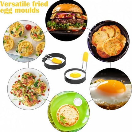 Egg Baking Mold - 4 Pieces - Stainless Steel - Egg Pancake - Fried Egg Mold - Egg Ring - Fried Egg Pancake - With Oil Brush - Frying Eggs - Egg Mold - Egg Molds - Small Egg Shapes - Perfect Round Egg - Baking Mold - Round - Black.