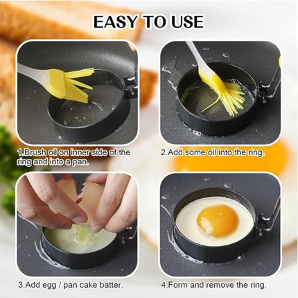 Egg Baking Mold - 4 Pieces - Stainless Steel - Egg Pancake - Fried Egg Mold - Egg Ring - Fried Egg Pancake - With Oil Brush - Frying Eggs - Egg Mold - Egg Molds - Small Egg Shapes - Perfect Round Egg - Baking Mold - Round - Black.