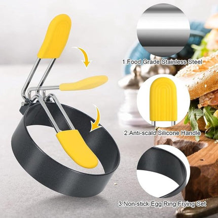 Egg Baking Mold - 4 Pieces - Stainless Steel - Egg Pancake - Fried Egg Mold - Egg Ring - Fried Egg Pancake - With Oil Brush - Frying Eggs - Egg Mold - Egg Molds - Small Egg Shapes - Perfect Round Egg - Baking Mold - Round - Black.
