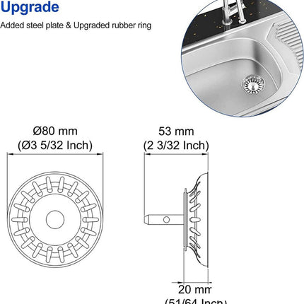 Kitchen Sink Drain Plug 80 mm - 2 Pieces Basket Plug - Sink Strainer Drain Stopper for the Kitchen - Stainless Steel - Universal - Drain Stopper - Sink Strainer - Sink Strainer - Sink Plug - Strainer - Unclog - Washbasin - No Blockage.