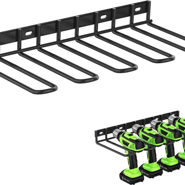 Tool Storage - Storage Rack - Wall Mount - Tool Rack - Tool Holder - 4 Slots - For 4 Power Tools - Tool Storage and Organization - Organizer For Garage, Tool Room - 1 Piece - Metal - Black.
