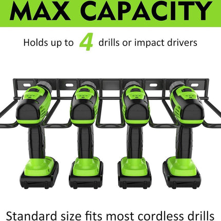 Tool Storage - Storage Rack - Wall Mount - Tool Rack - Tool Holder - 4 Slots - For 4 Power Tools - Tool Storage and Organization - Organizer For Garage, Tool Room - 1 Piece - Metal - Black.