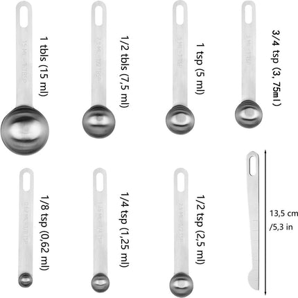 Measuring Spoon Set - Measuring Cup Set - 8-Piece - High-Quality Stainless Steel - Measuring Spoons - Measuring Scoops - Measuring Spoon - Weighing Grams & Milli - Durable - Baking / Cooking / Coffee / Spices - For Measuring Dry and Liquid Ingredients.