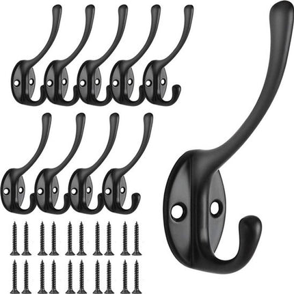 Hooks - Hanging Hooks - Set of 10 - Double Hook Design - Hanging Hooks - Wall Hooks - Coat Hook - Coat Rack Hooks - Key Hook - Wall Hooks - Towel Hook - Towel Hooks - Tea Towel Hanger - Incl. Screws - Bathroom - Black.