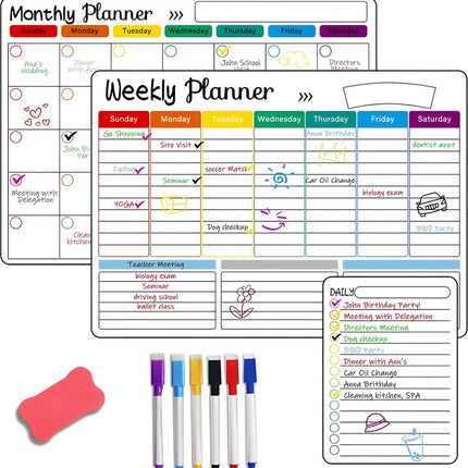 Monthly Planner & Weekly Planner Whiteboard Set - Magnetic Planning Board - Magnetic Monthly Planner - Magnetic Weekly Planner - Magnetic Board Including Day Planner, Markers & Eraser - Memo Board - Planning Board - Family Planner - Family Planner - To Do.