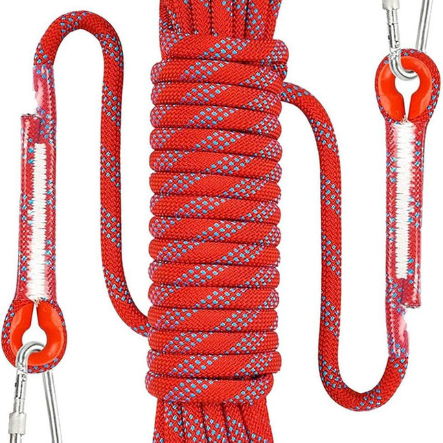 Climbing rope 10 meters - 1000 kg tensile strength - including 2 carabiners - red.