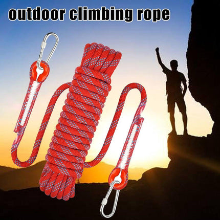 Climbing rope 10 meters - 1000 kg tensile strength - including 2 carabiners - red.