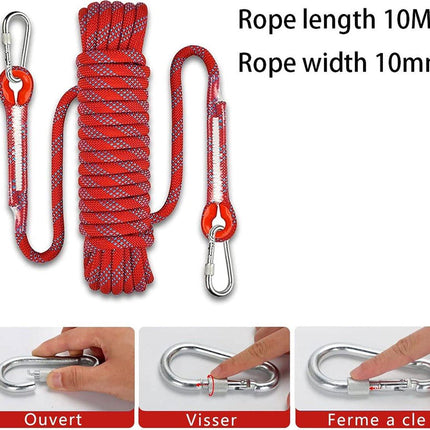 Climbing rope 10 meters - 1000 kg tensile strength - including 2 carabiners - red.