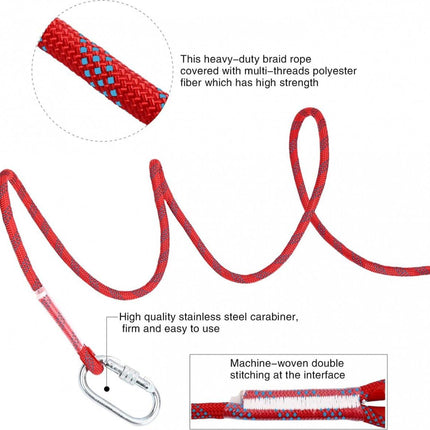 Climbing rope 10 meters - 1000 kg tensile strength - including 2 carabiners - red.