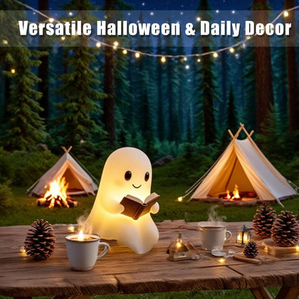 Halloween Cute Ghost Reading Lamp - Halloween Ghost Night Light - Halloween Decoration - Ghost Reading Book Lamp - Ghost Decoration - 3D LED Halloween Cute Ghost Figurine Fireplace Chimney Decoration for Home - 15 cm - Warmly Illuminated.