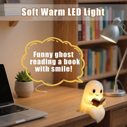 Halloween Cute Ghost Reading Lamp - Halloween Ghost Night Light - Halloween Decoration - Ghost Reading Book Lamp - Ghost Decoration - 3D LED Halloween Cute Ghost Figurine Fireplace Chimney Decoration for Home - 15 cm - Warmly Illuminated.
