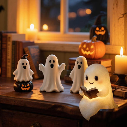Halloween Cute Ghost Reading Lamp - Halloween Ghost Night Light - Halloween Decoration - Ghost Reading Book Lamp - Ghost Decoration - 3D LED Halloween Cute Ghost Figurine Fireplace Chimney Decoration for Home - 15 cm - Warmly Illuminated.