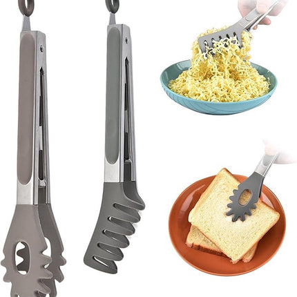 2x Spaghetti Tongs - Kitchen Tongs - Serving Tongs - BBQ Tongs - Stainless Steel and Silicone - Meat Tongs - Heat Resistant - Non-Stick - Barbecue Tongs - Spaghetti Tongs - Salad Tongs - Kitchen Utensils - Barbecue Accessory - 2 Different Shapes - Grey -.